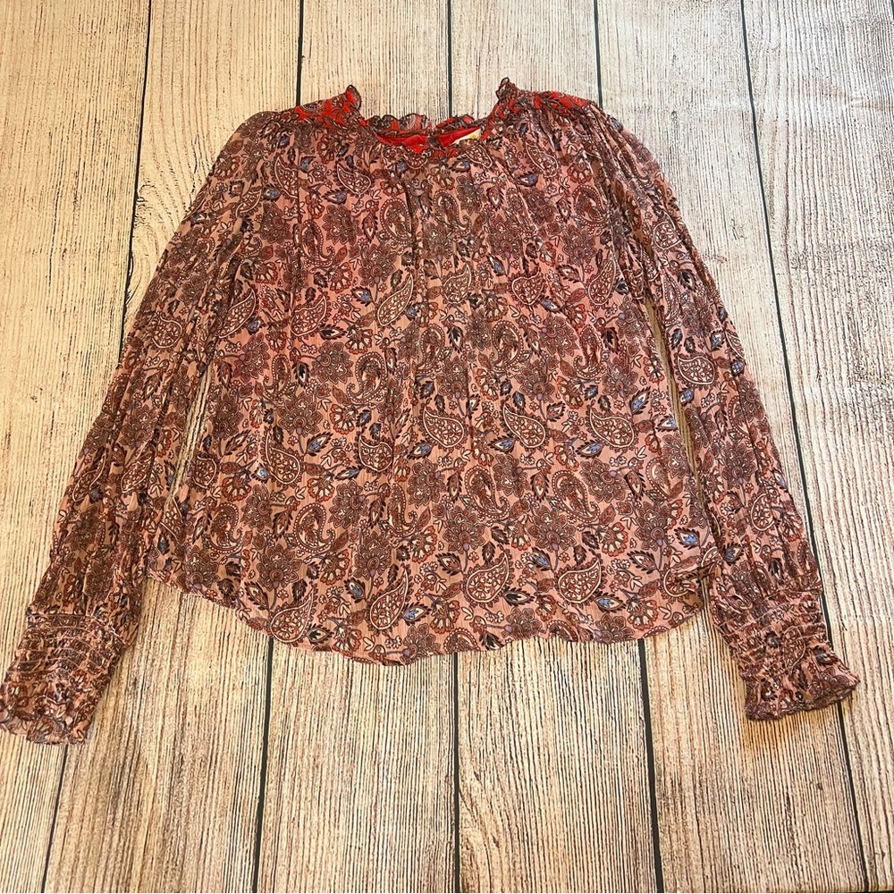 Boden Ruffle Open Back Blouse Paisley Swing Top Women’s Size 8 Pink Bohemian